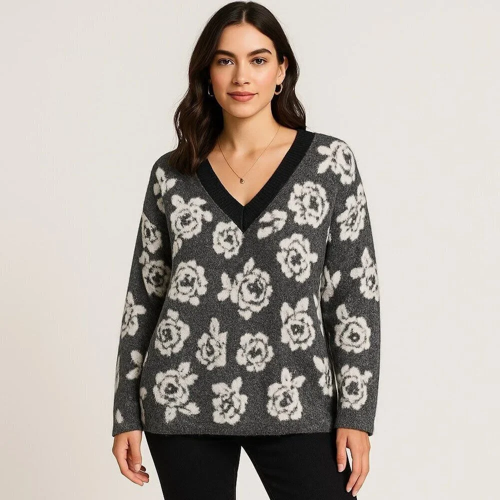 Womens Whimsigoth Grandmacore Rosa FLoral Fuzzy Sweater Plus Size 2X Black White